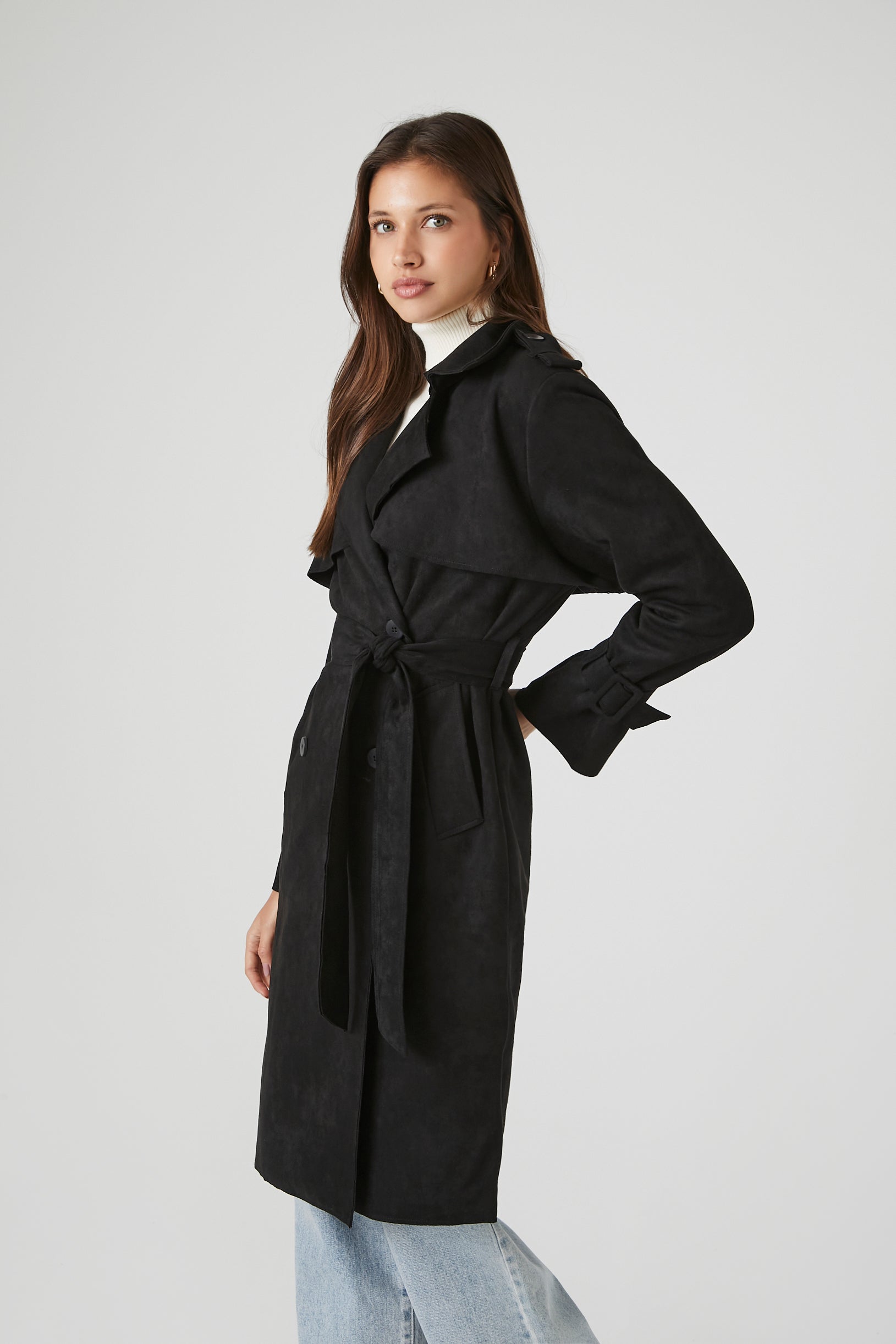 Black Faux Suede Trench Coat 1