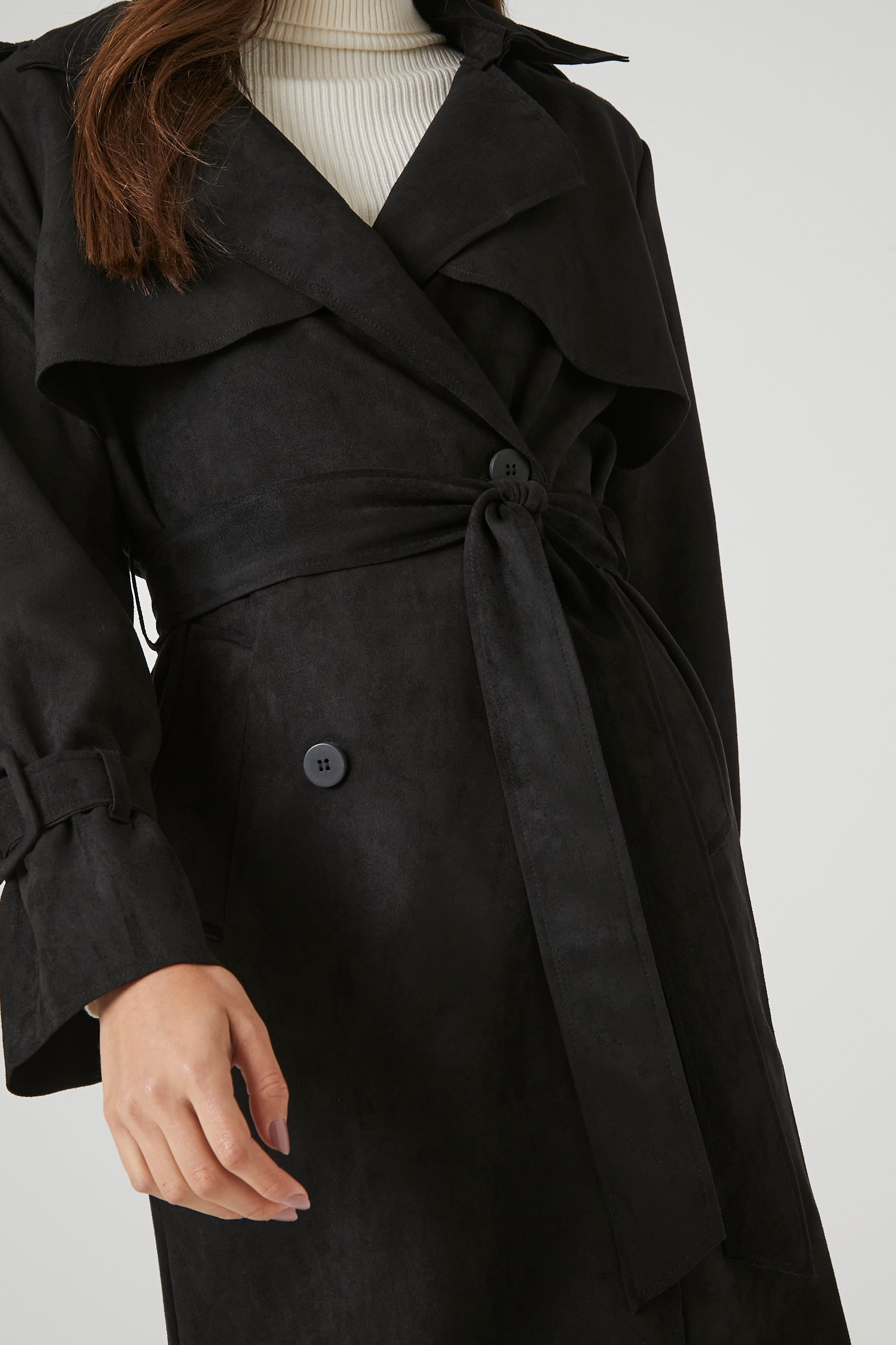 Black Faux Suede Trench Coat 4