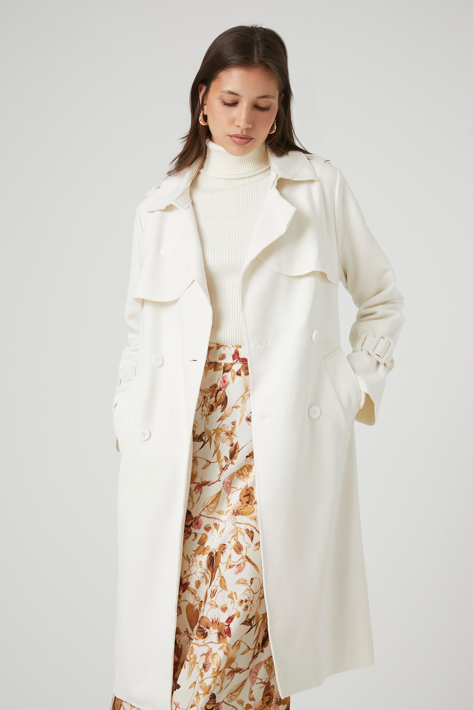 Ivory Faux Suede Trench Coat 1
