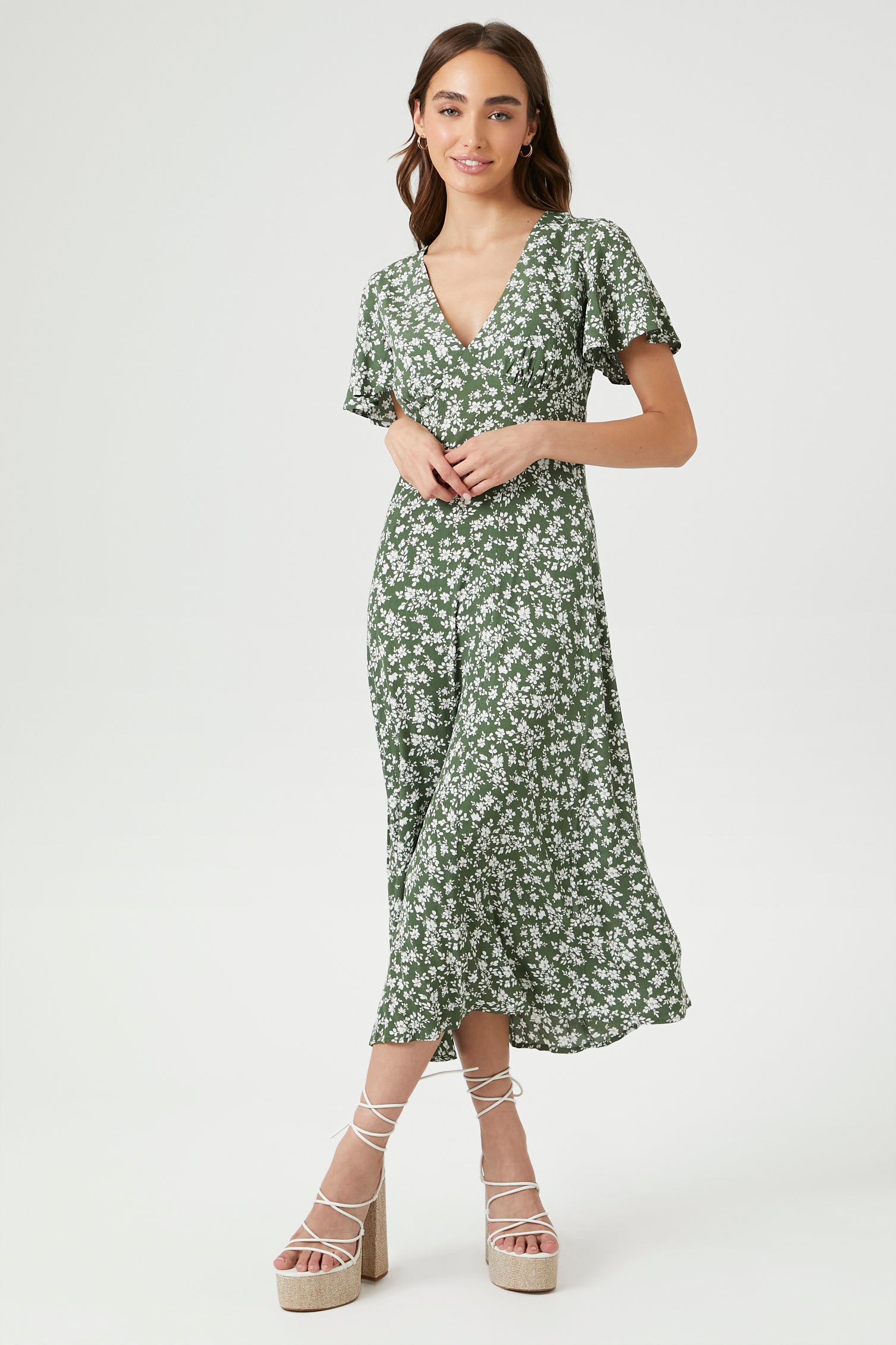 Olive/Multi Crepe Floral Print Midi Dress