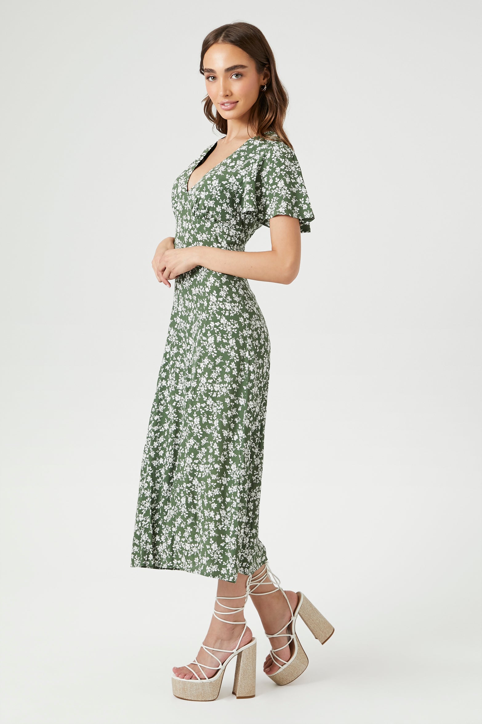 Olive/Multi Crepe Floral Print Midi Dress 1