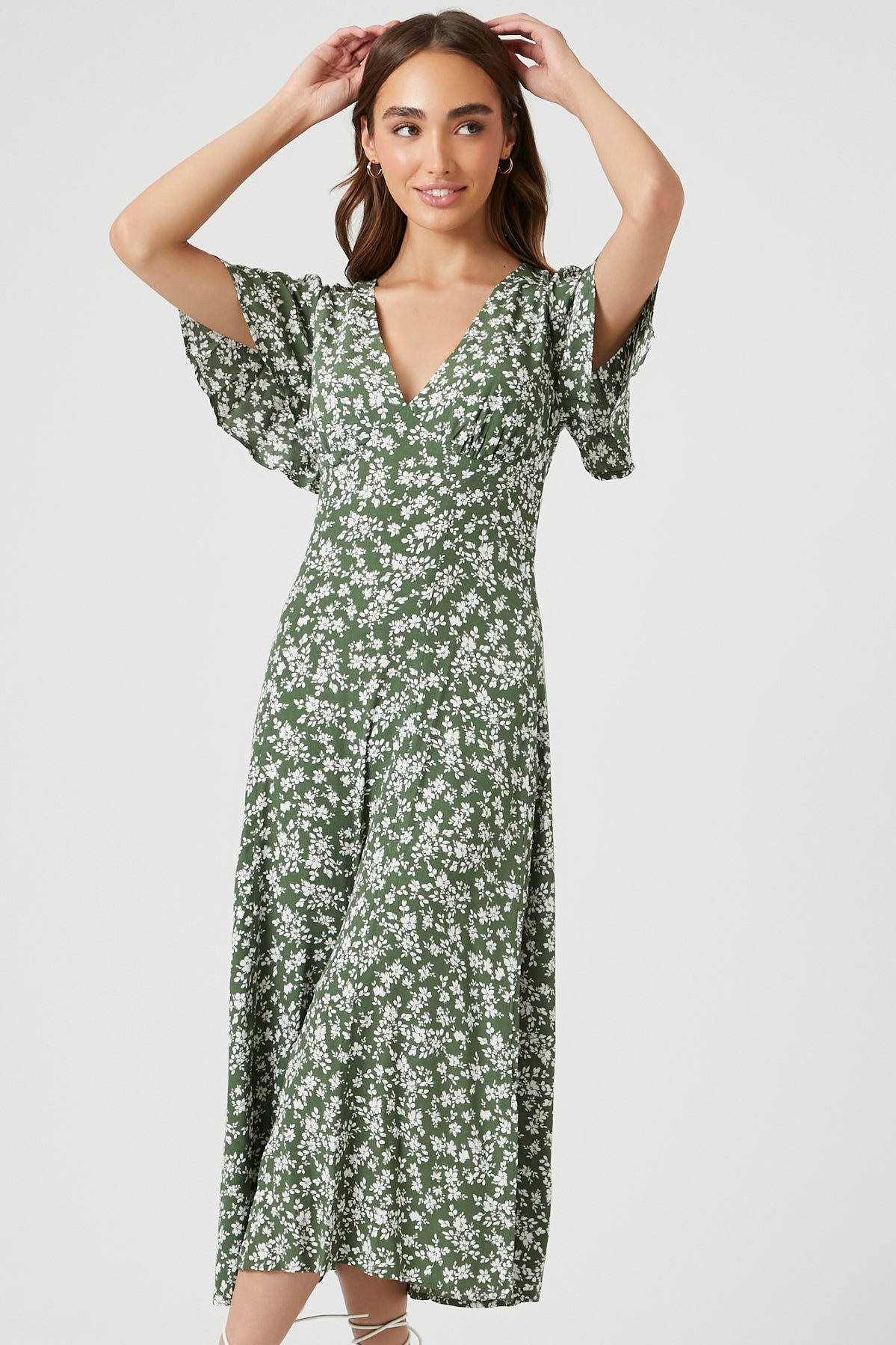 Olive/Multi Crepe Floral Print Midi Dress 3