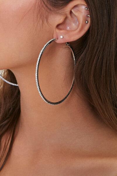 Silver Oversized Rhinestone Hoop Earrings 