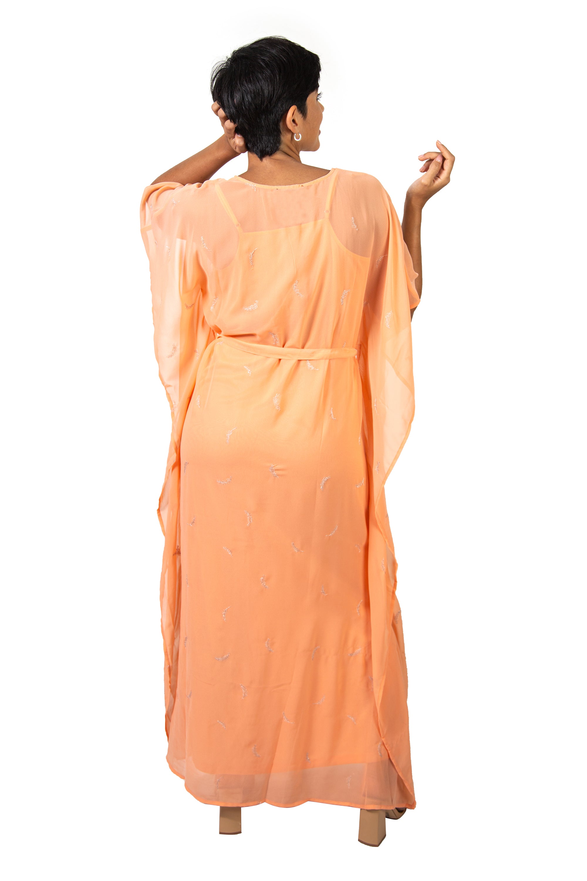 Orange Selenite/Rose Gold Embroidered Belted Kaftan Dress 2