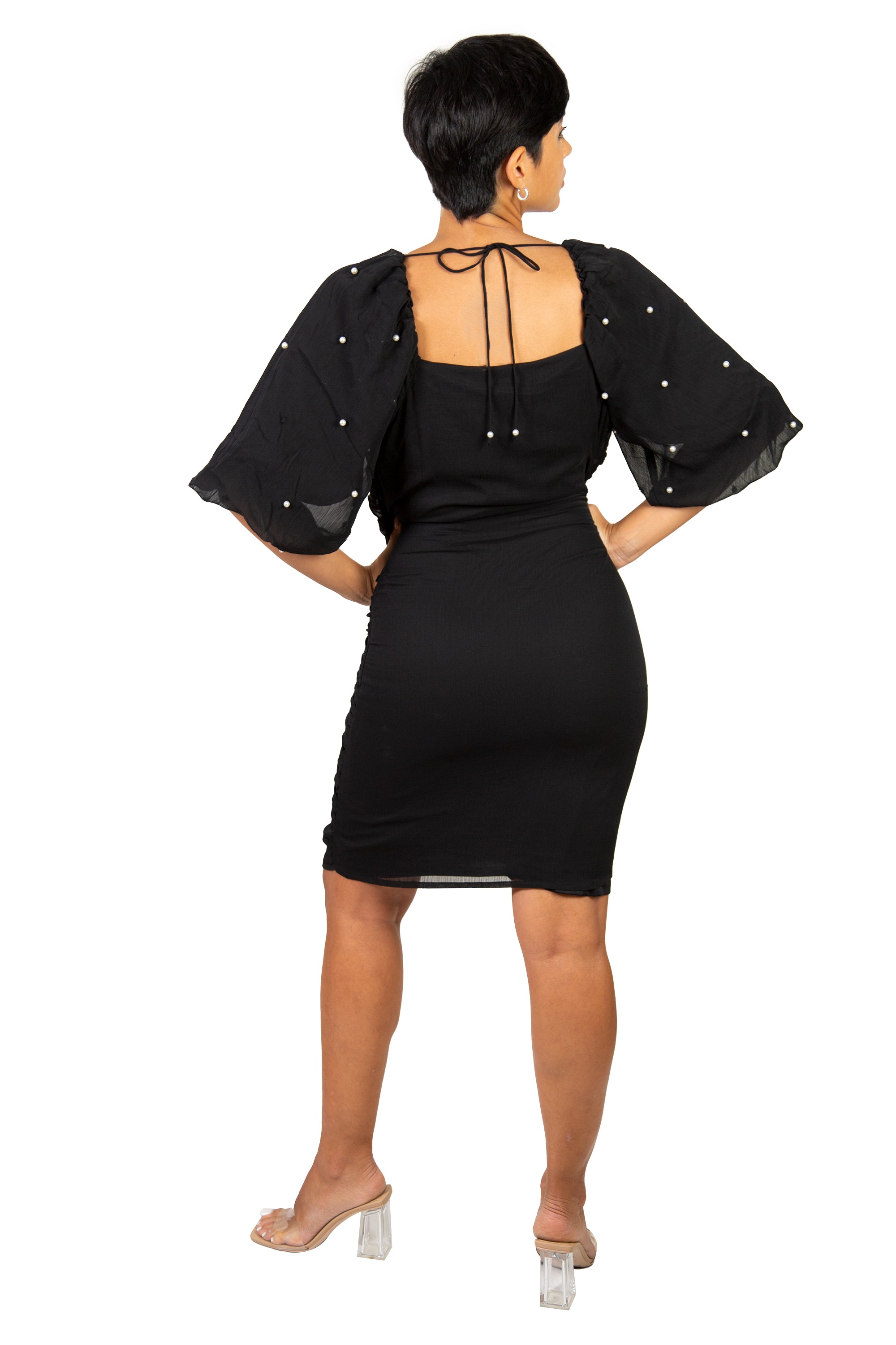 Black Puff-Sleeve Ruched Dress 2