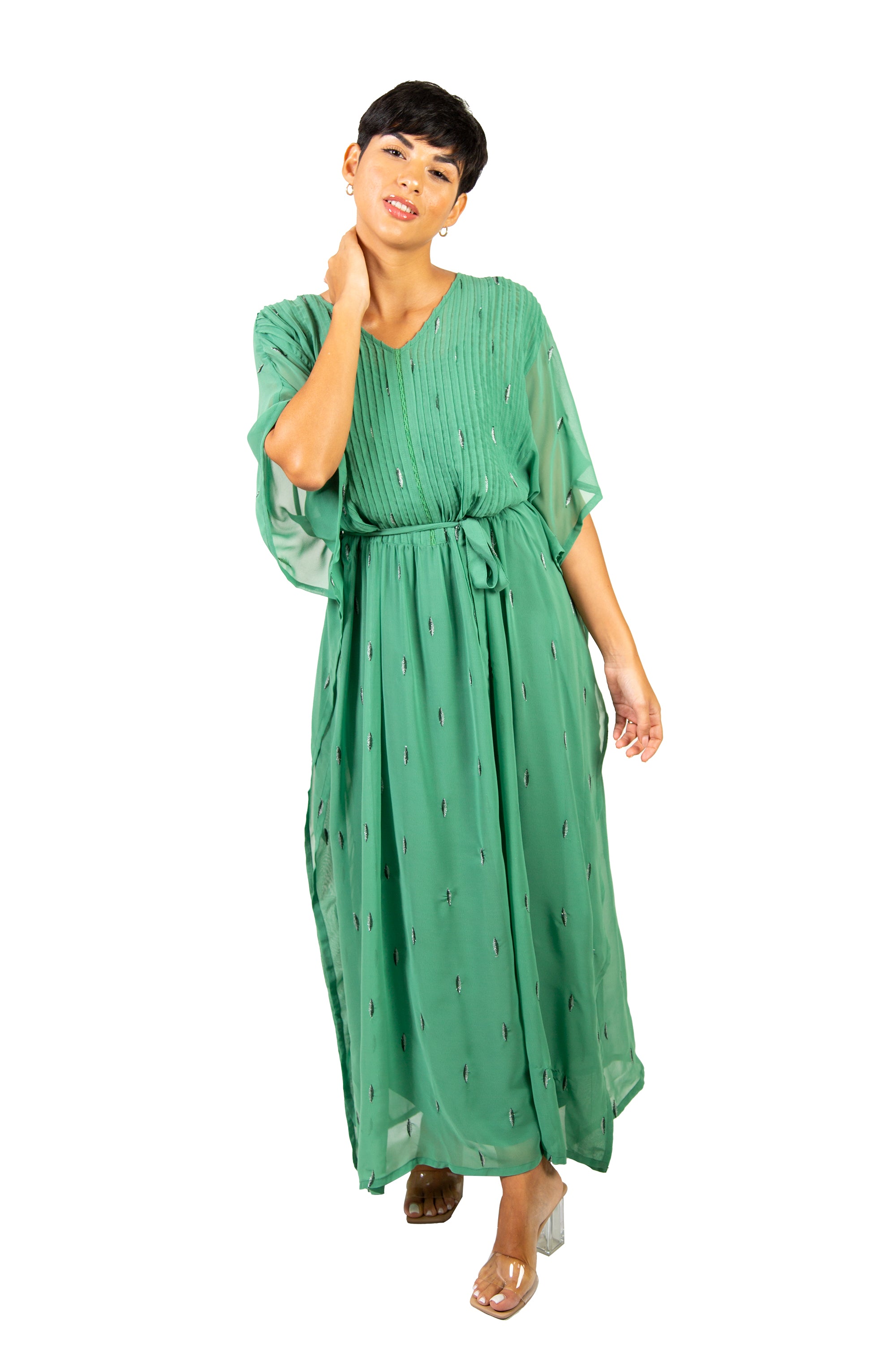 Palm green/silver Belted V-Neck Kaftan Dress