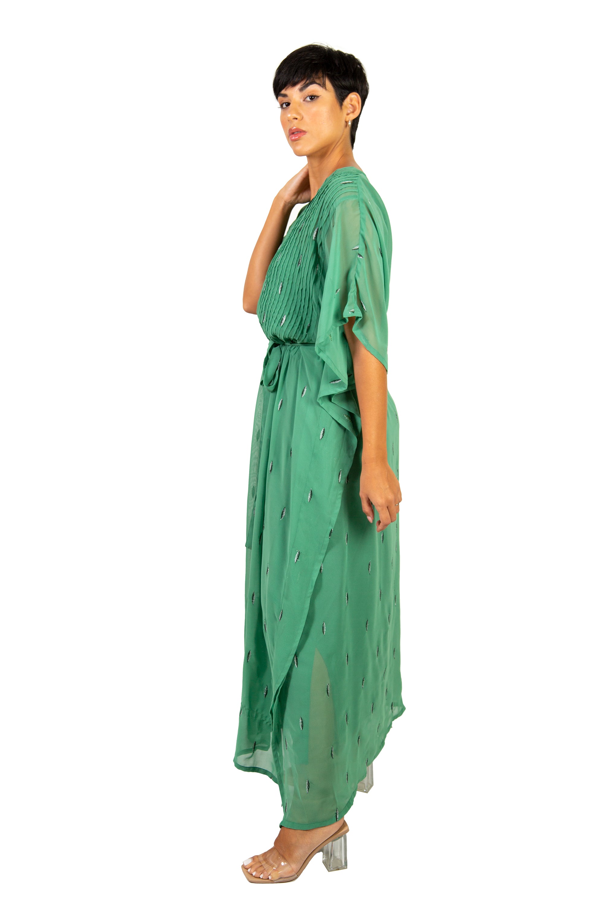 Palm green/silver Belted V-Neck Kaftan Dress 1