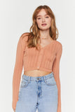 Tan Lace-Up Cropped Cardigan Sweater