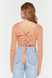 Tan Lace-Up Cropped Cardigan Sweater 4